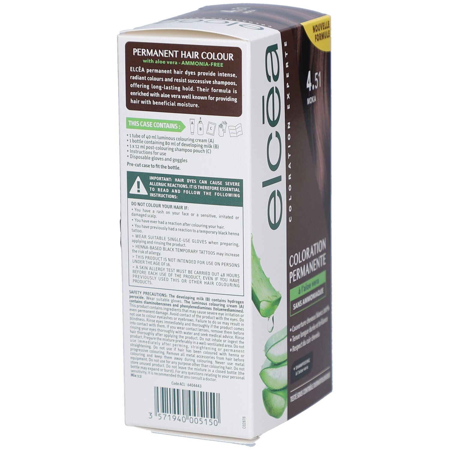 Dos de la boîte ELCEA Coloration Permanente Moka 4.51. Contient des informations sur le produit et les ingrédients.