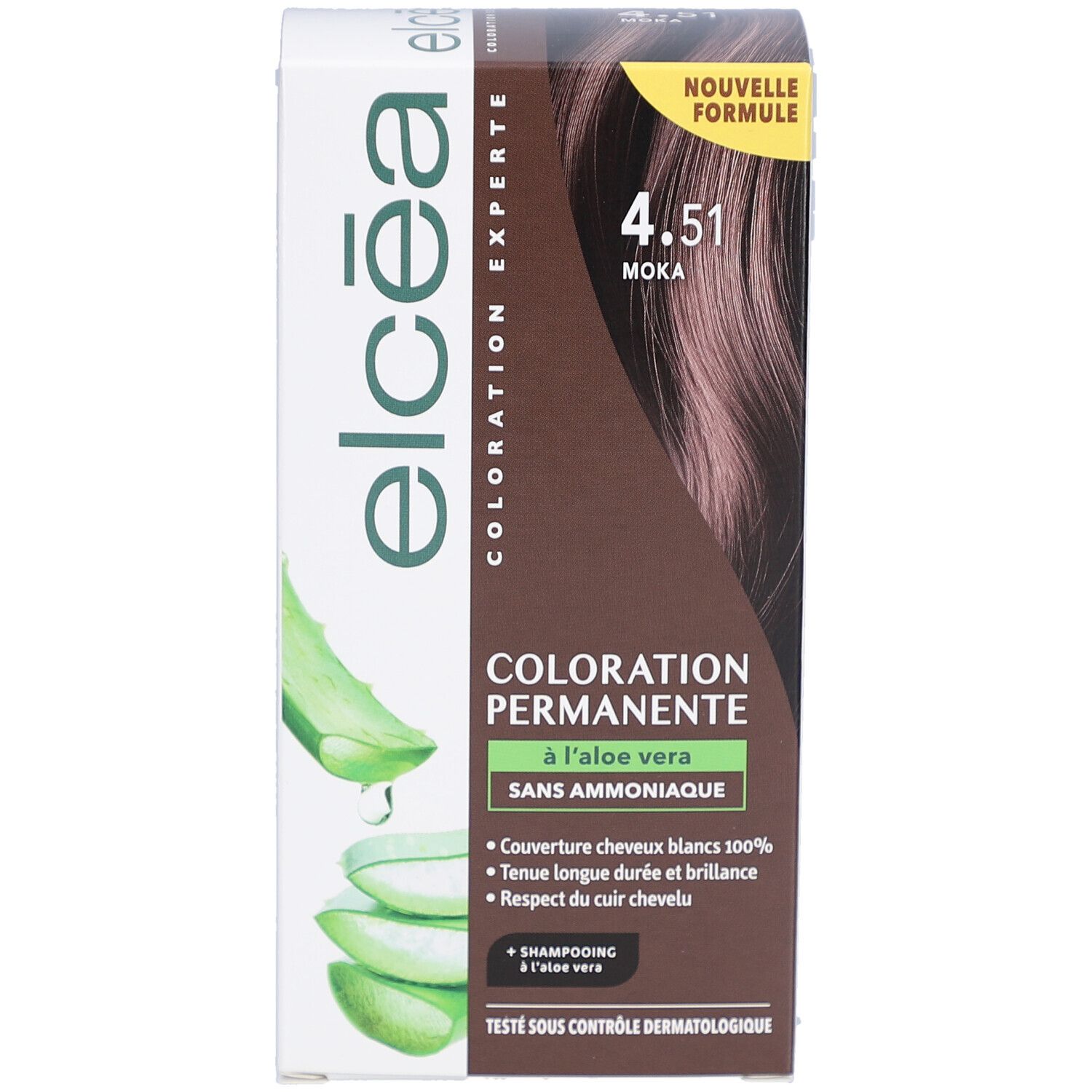 Boîte de coloration capillaire. Inscriptions: Elcea, Coloration Permanente, 4.51 Moka, sans ammoniaque, à l'aloe vera. Informations sur l'utilisation et les ingrédients.