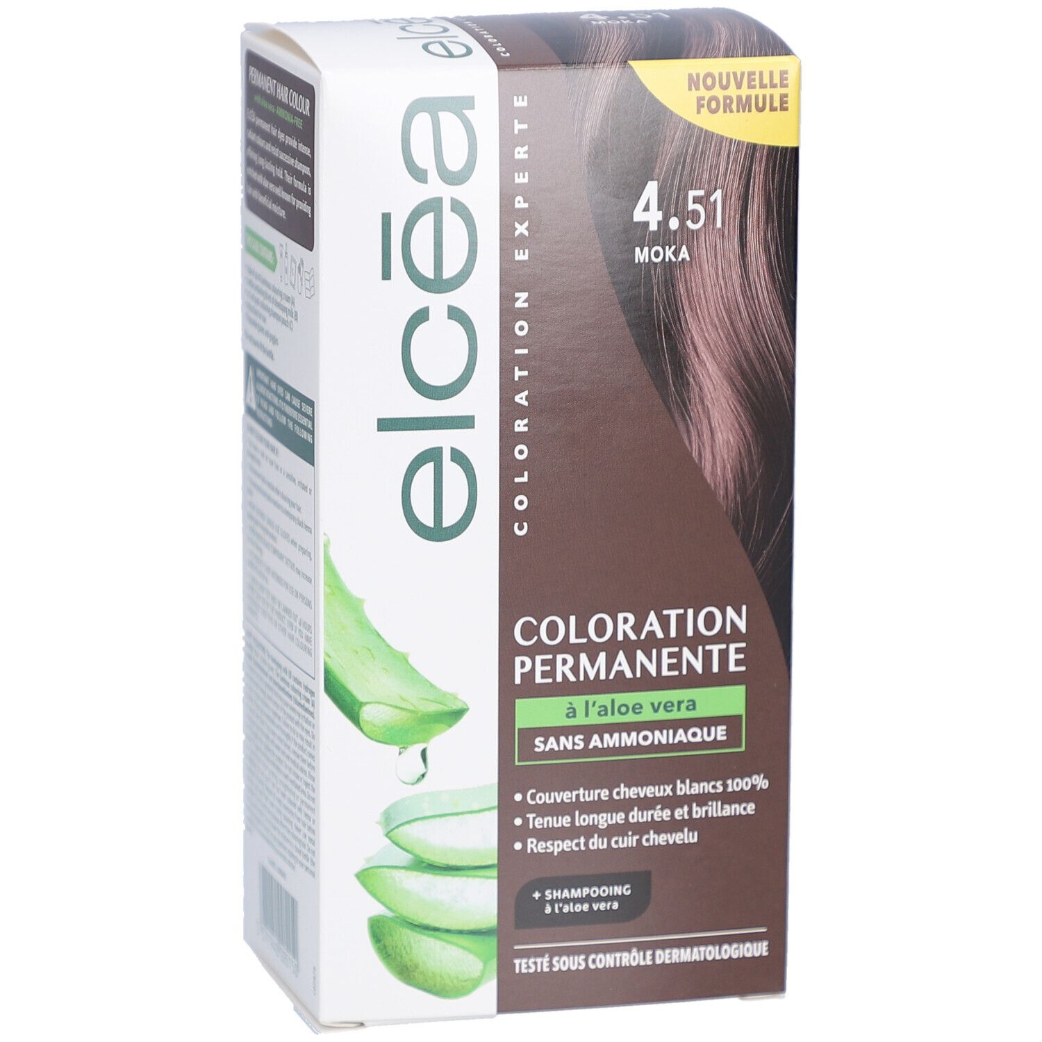 Boîte de coloration capillaire. Inscriptions: Elcea, Coloration Permanente, 4.51 Moka, sans ammoniaque, à l'aloe vera. Informations sur l'utilisation et les ingrédients.
