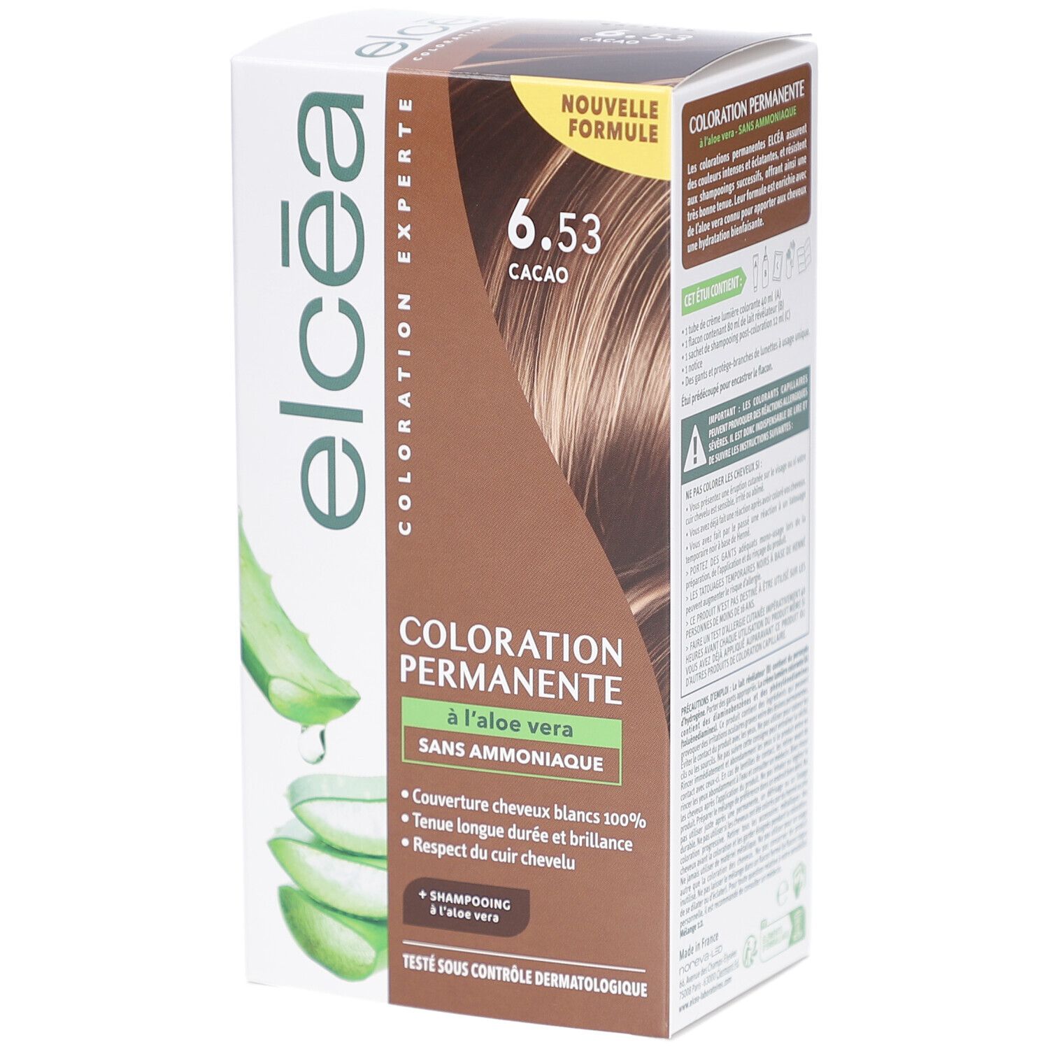 Boîte de coloration capillaire. Logo Elcea, teinte 6.53 Cacao. Coloration permanente à l'aloe vera. Sans ammoniaque. Testé dermatologiquement.