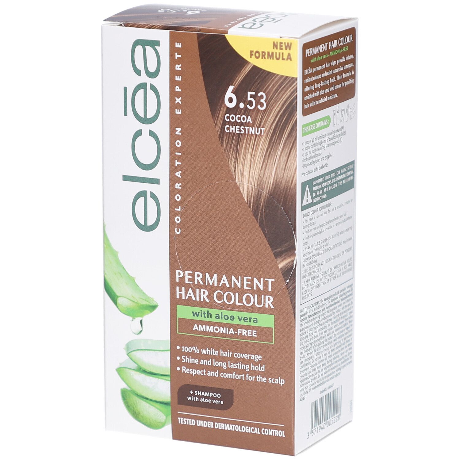 Boîte de coloration capillaire. Logo Elcea, teinte 6.53 Cocoa Chestnut. Coloration permanente à l'aloe vera. Sans ammoniaque. Testé dermatologiquement.
