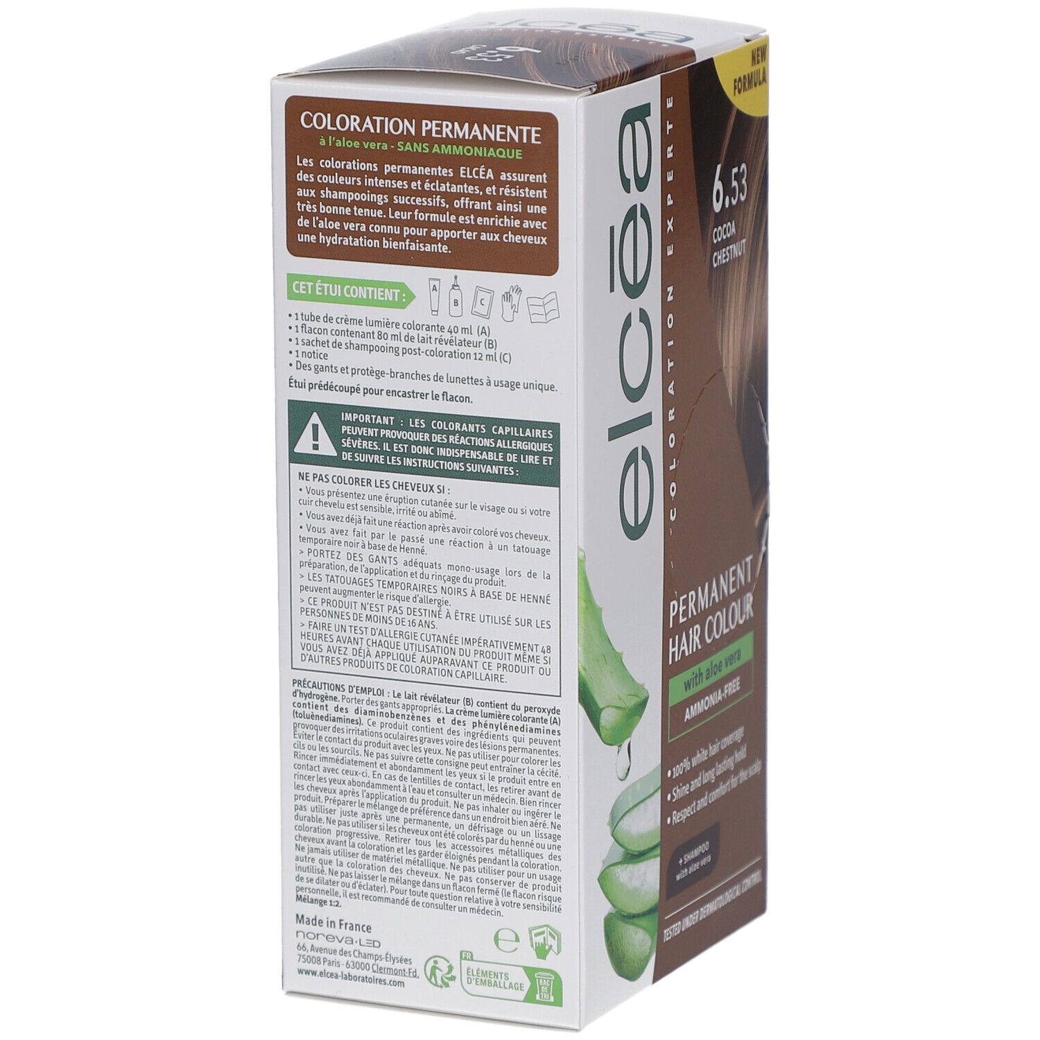 Vue arrière de la boîte de coloration capillaire. Contient : révélateur, crème colorante, shampooing, gants. Coloration permanente. Sans ammoniaque.