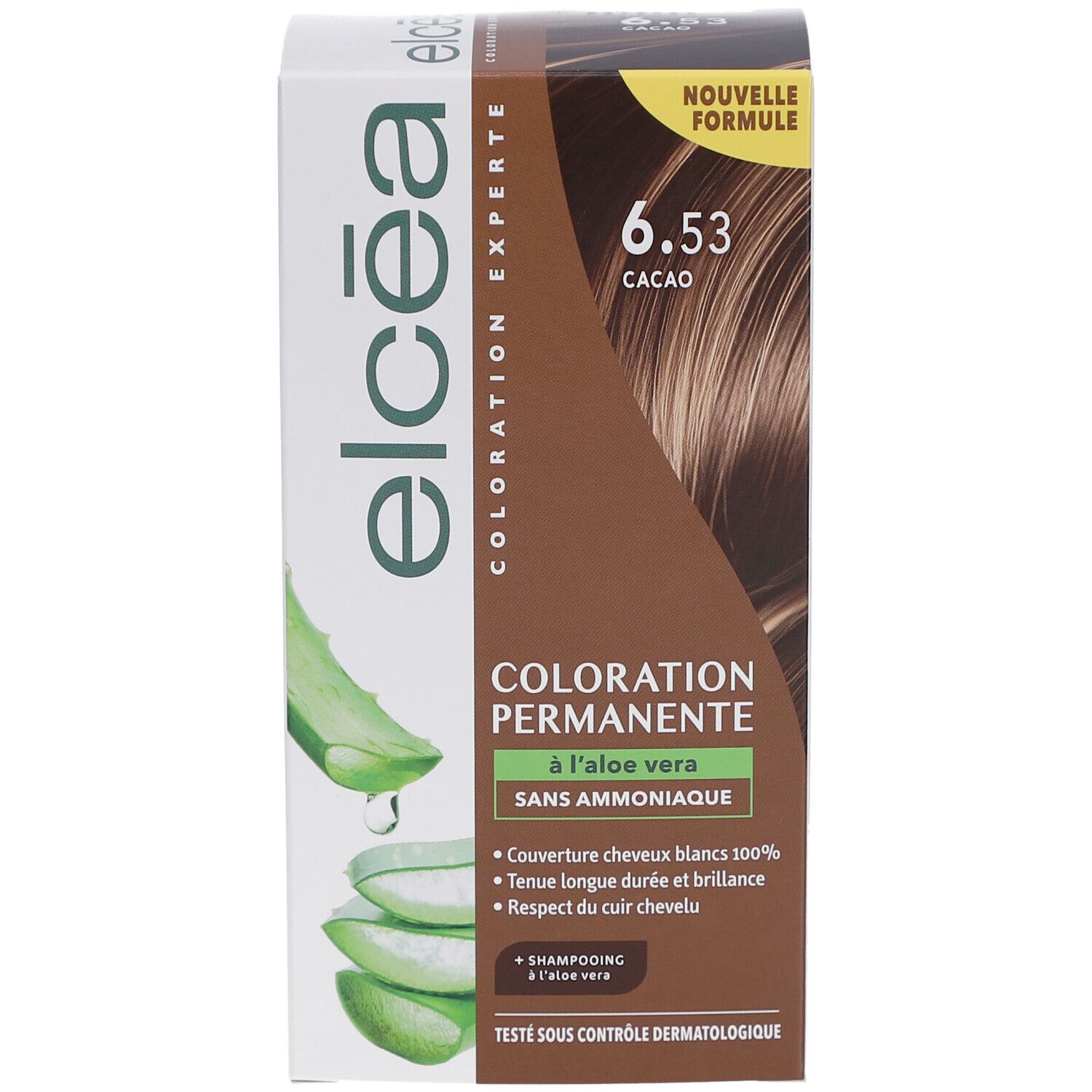 Boîte de coloration capillaire. Logo Elcea, teinte 6.53 Cacao. Coloration permanente à l'aloe vera. Sans ammoniaque. Testé dermatologiquement.