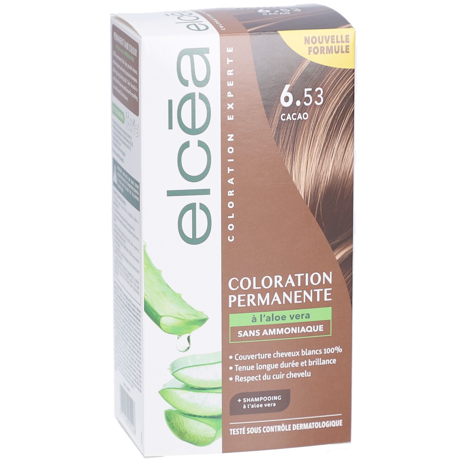 Boîte de coloration capillaire. Logo Elcea, teinte 6.53 Cacao. Coloration permanente à l'aloe vera. Sans ammoniaque. Testé dermatologiquement.