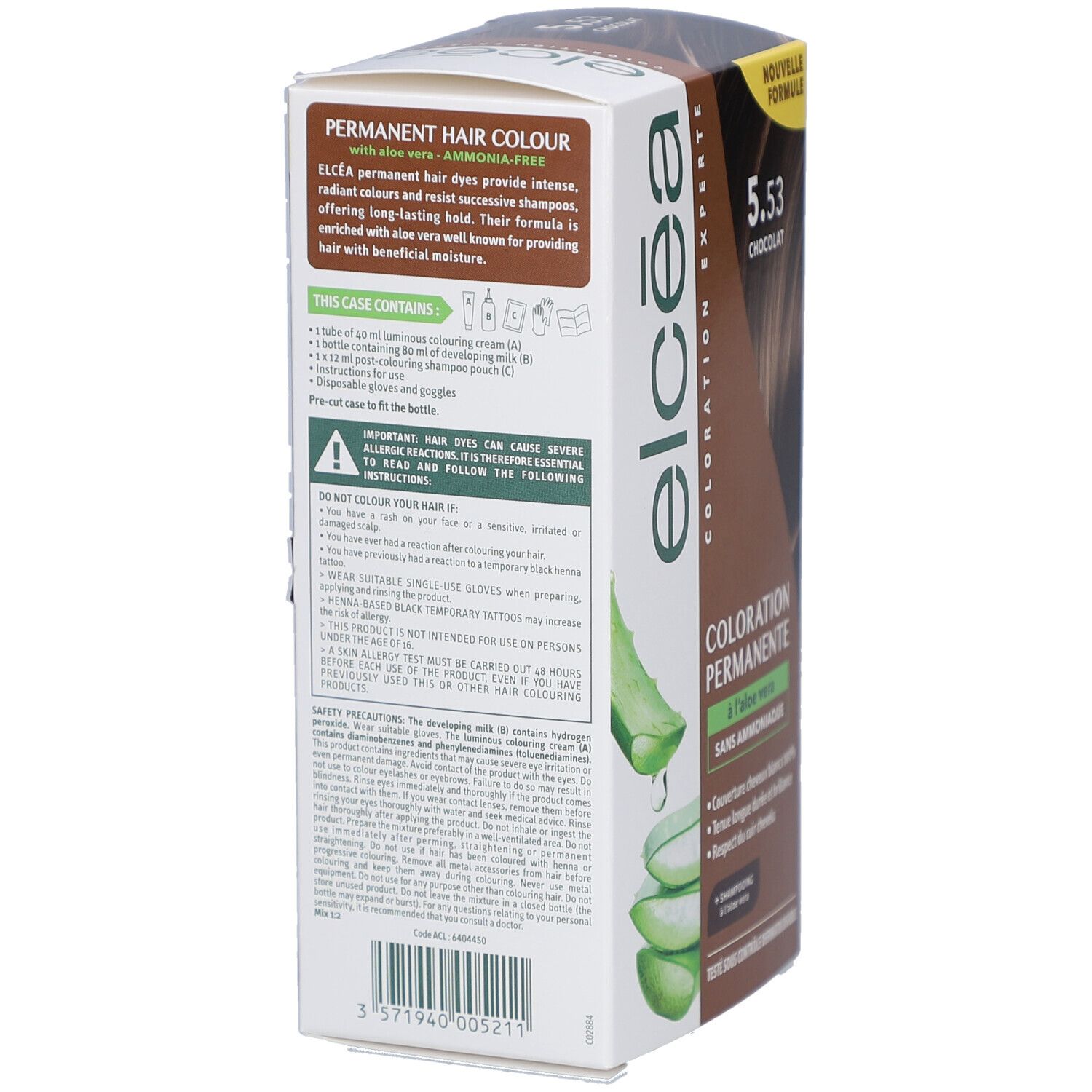 Dos de la boîte de coloration capillaire. Texte : Permanent Hair Colour, with aloe vera, ammonia-free. Contient instructions et avertissements.