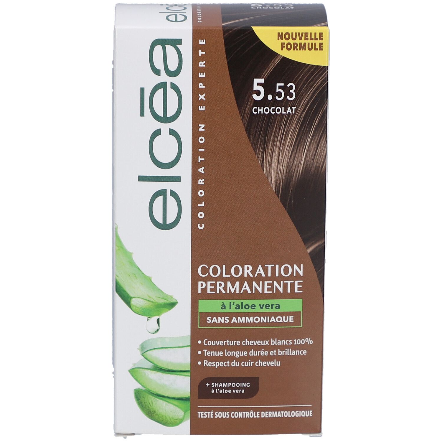 Boîte de coloration capillaire. Inscription : 5.53 Chocolat, Coloration Permanente, à l'aloe vera, sans ammoniaque. Marque : Elcéa.