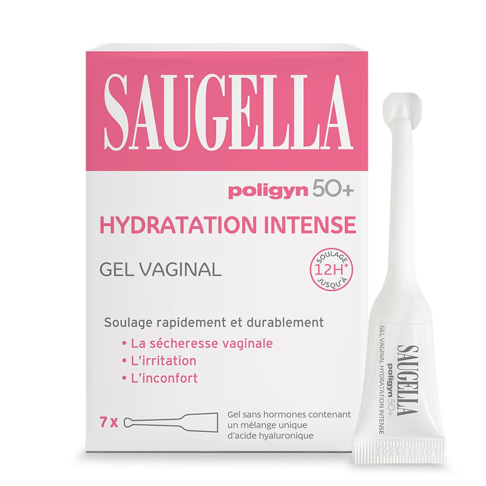 Boîte et applicateur. Saugella Poligyn 50+ Gel Vaginal Hydratation Intense. 7 unidoses. Design blanc et rose.