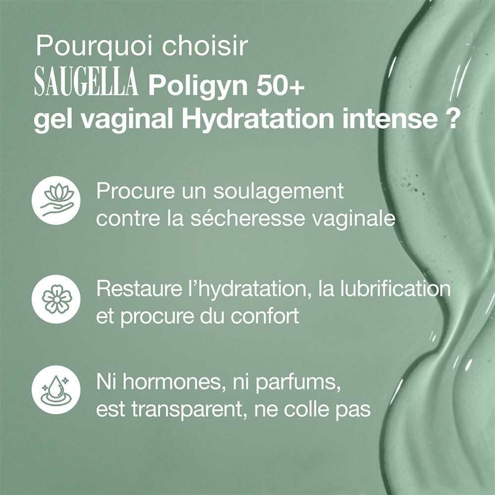 Texte sur fond vert. Saugella Poligyn 50+. Avantages : sécheresse, hydratation, sans hormones.