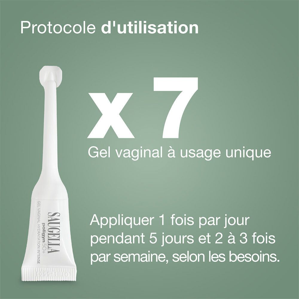 Protocole d'utilisation. Saugella Poligyn 50+ Gel. 7 unidoses. 1x/jour pendant 5 jours, puis 2-3x/semaine.
