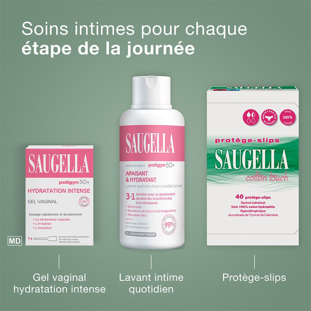 Produits Saugella. Gel vaginal, nettoyant intime, protège-slips. Pour chaque moment.