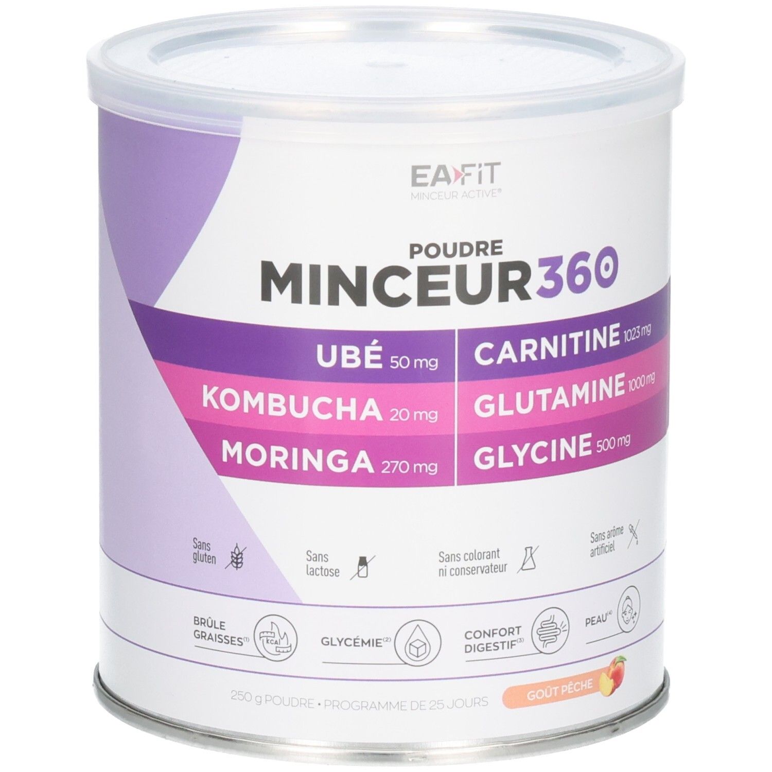 Boîte EA-FIT MINCEUR360 Poudre avec Ube, Kombucha, Moringa, Carnitine, Glutamine, Glycine. Goût pêche.