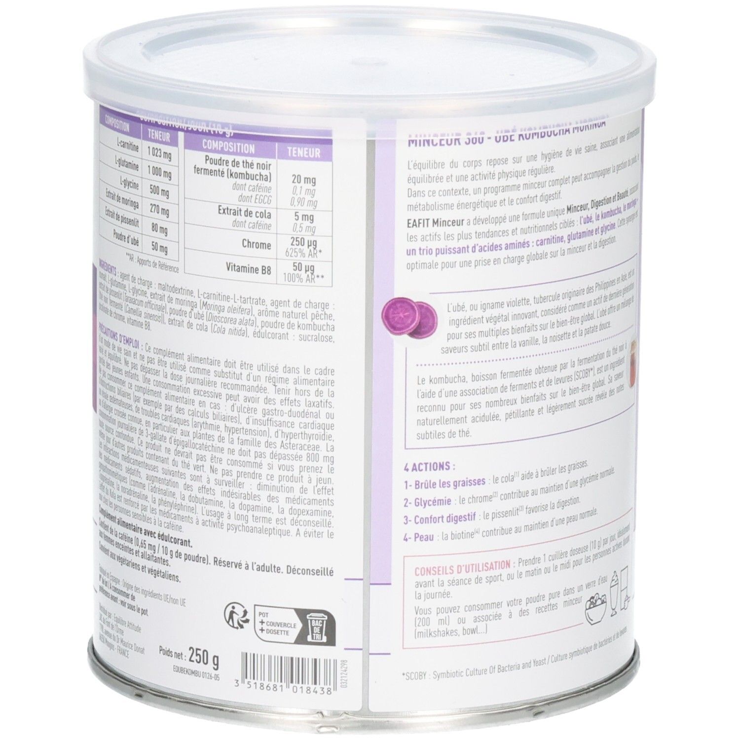 Arrière de la boîte EA-FIT MINCEUR360 Poudre avec informations nutritionnelles et conseils d'utilisation.