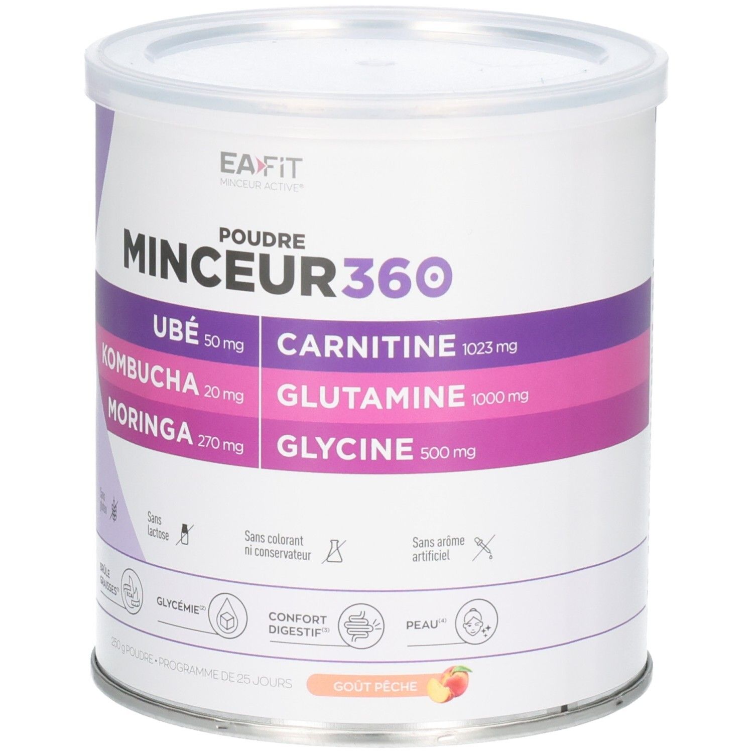 Boîte EA-FIT MINCEUR360 Poudre avec Ube, Kombucha, Moringa, Carnitine, Glutamine, Glycine. Goût pêche.