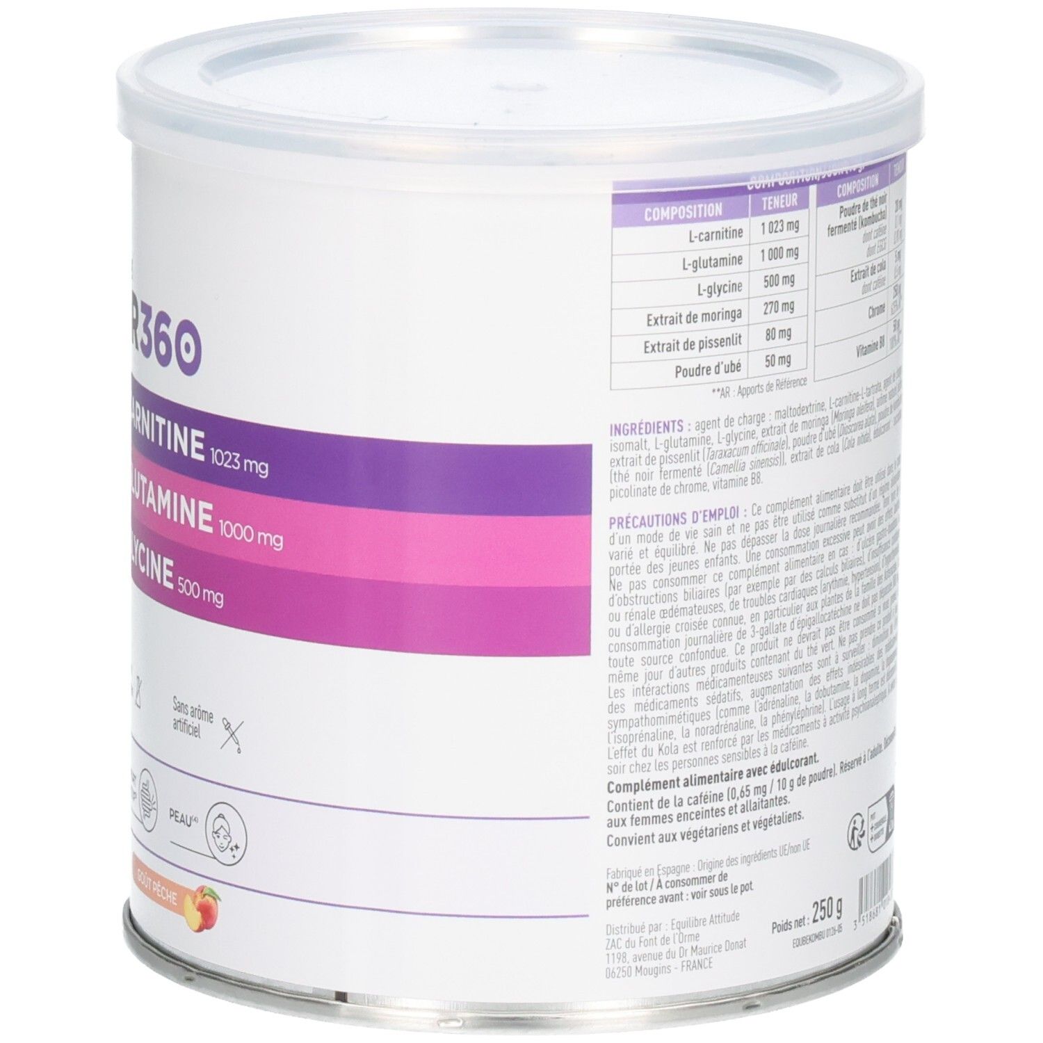 Côté de la boîte EA-FIT MINCEUR360 Poudre avec composition détaillée et ingrédients.