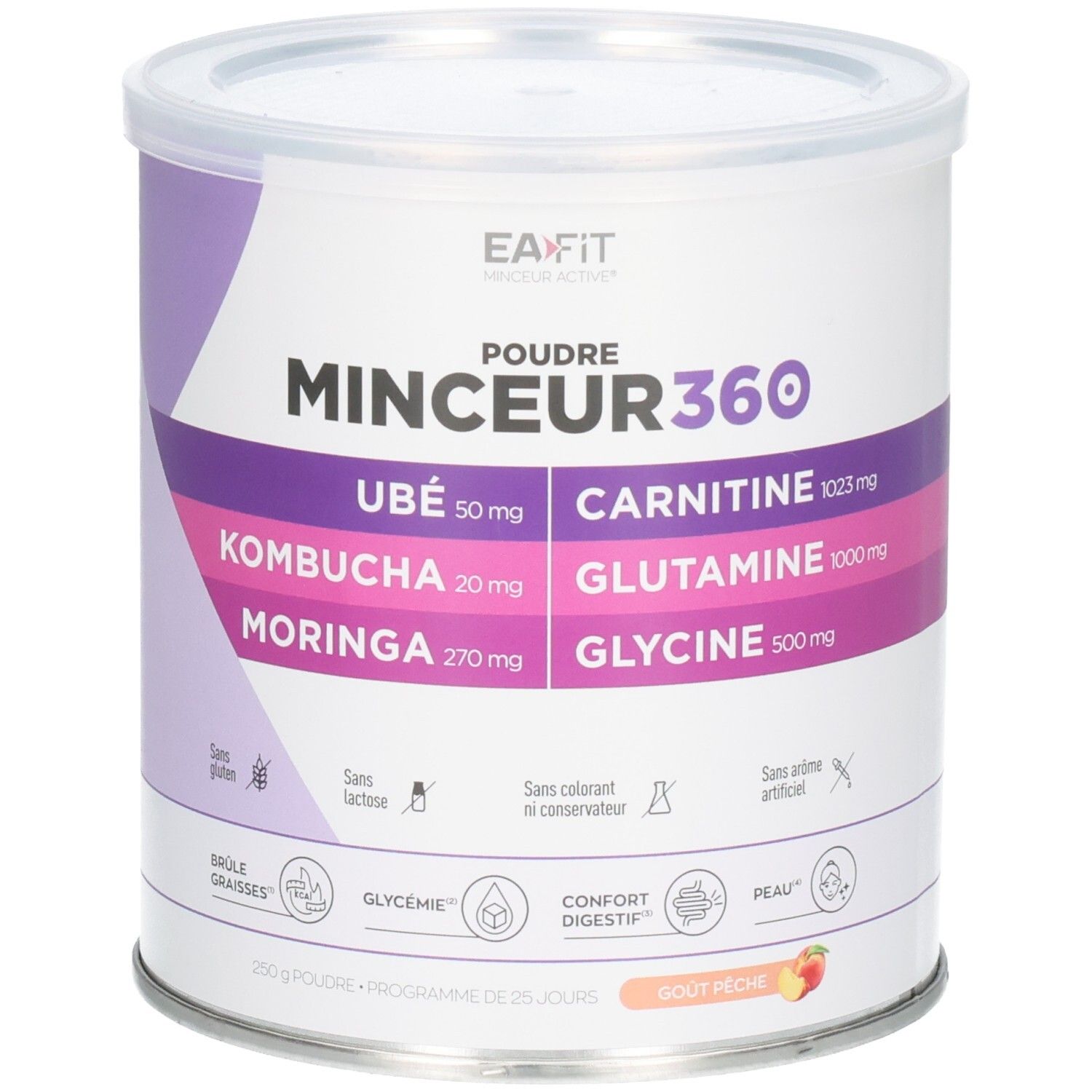 Boîte EA-FIT MINCEUR360 Poudre avec Ube, Kombucha, Moringa, Carnitine, Glutamine, Glycine. Goût pêche.