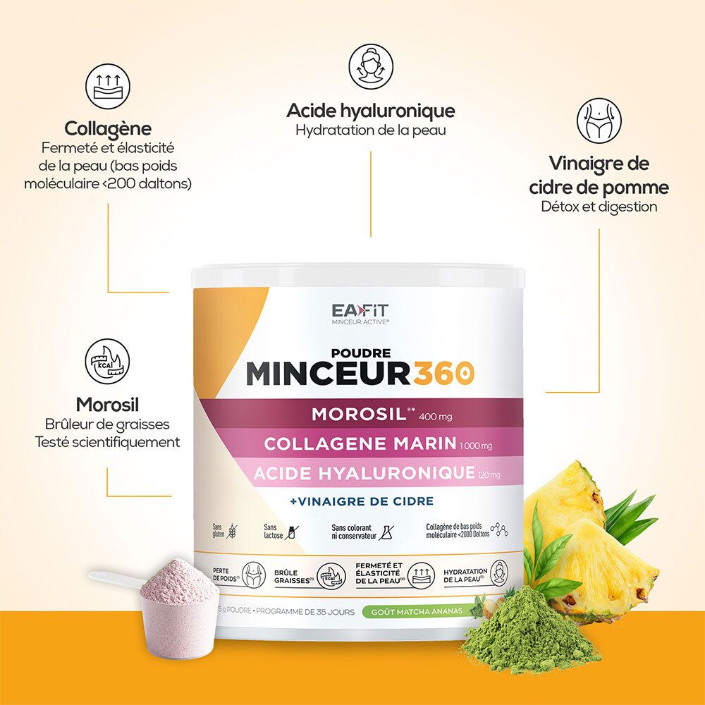 Pot EA-FIT Minceur 360 avec poudre, ananas et poudre de matcha. Informations sur les ingrédients.