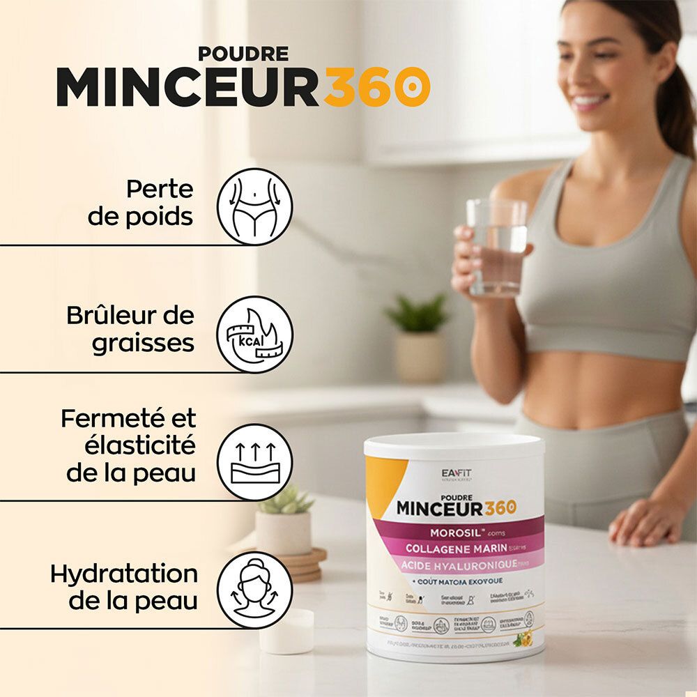 Femme buvant de l'eau à côté d'un pot EA-FIT Minceur 360. Icônes : perte de poids, fermeté peau.
