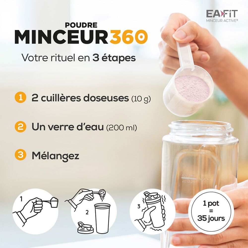Préparation EA-FIT Minceur 360 : 2 dosettes dans l'eau. Pot = 35 jours.