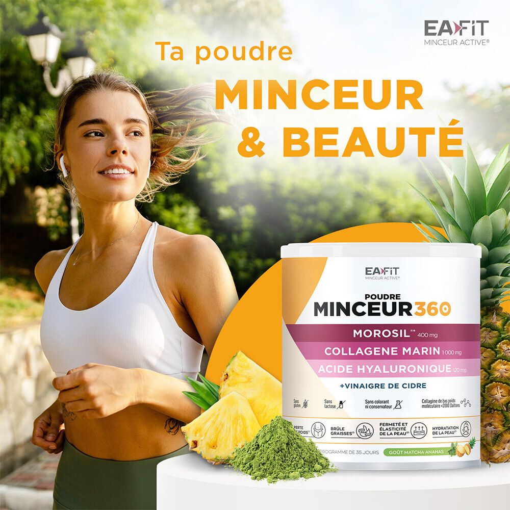 Coureuse avec pot EA-FIT Minceur 360, ananas et baies. "Poudre Minceur & Beauté".