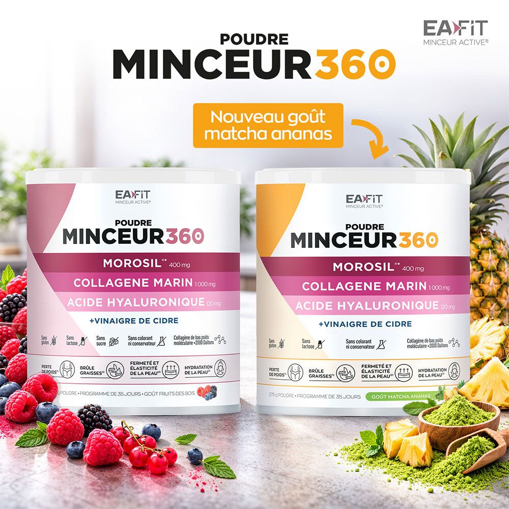 Deux pots EA-FIT Minceur 360, baies, ananas et poudre matcha. "Nouveau goût matcha ananas".