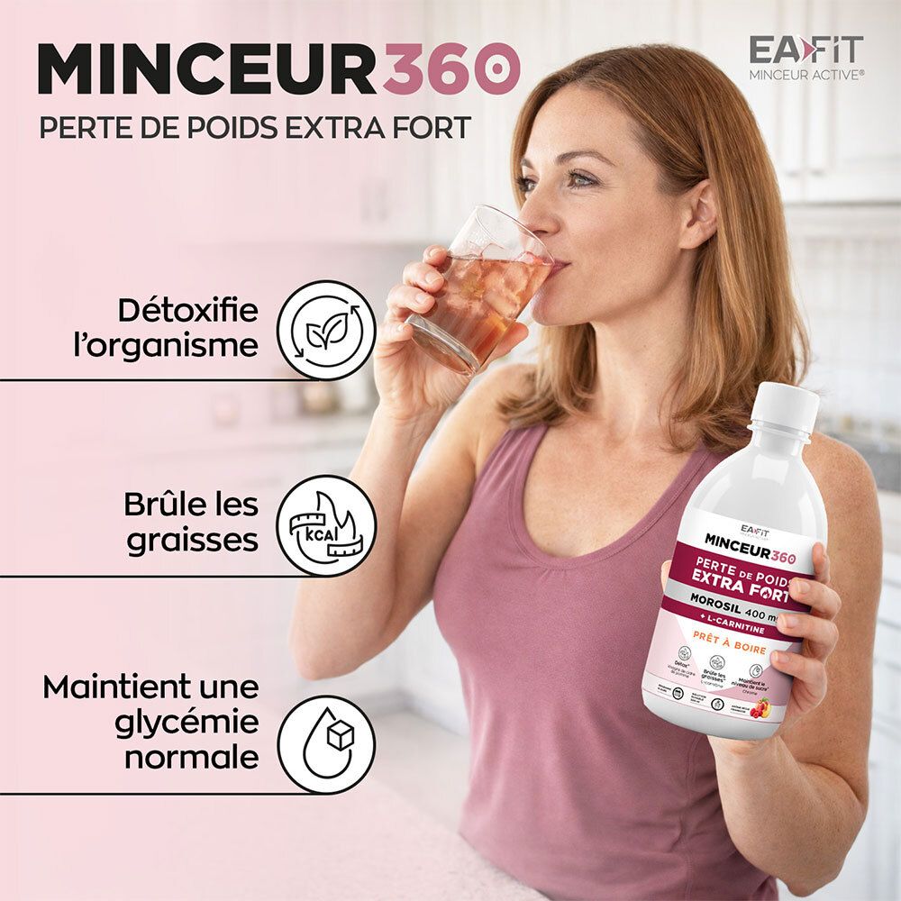 Femme buvant dans un verre. Bouteille avec étiquette: MINCEUR360, PERTE DE POIDS EXTRA FORT. Avec illustrations et texte.