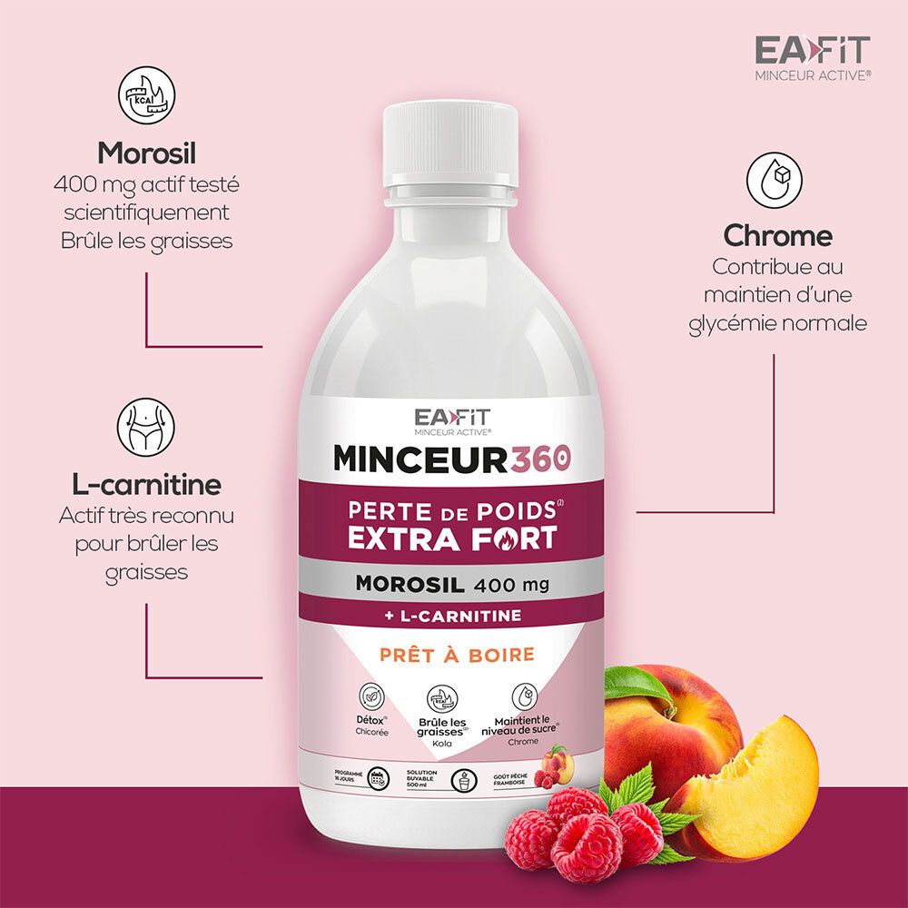 Bouteille avec étiquette: MINCEUR360, PERTE DE POIDS EXTRA FORT, MOROSIL 400 mg, L-CARNITINE. Avec illustrations de fruits et texte.