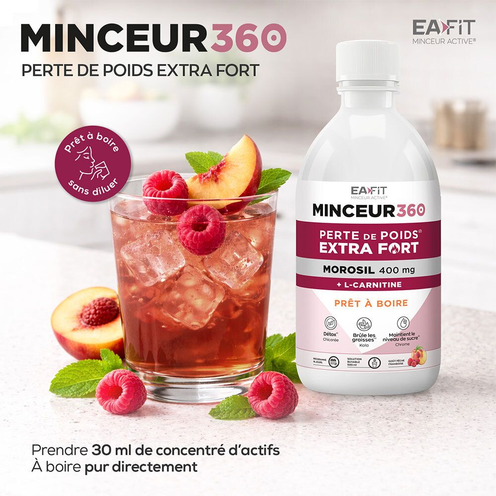 Verre avec boisson et glaçons. Bouteille avec étiquette: MINCEUR360, PERTE DE POIDS EXTRA FORT. Avec des fruits.