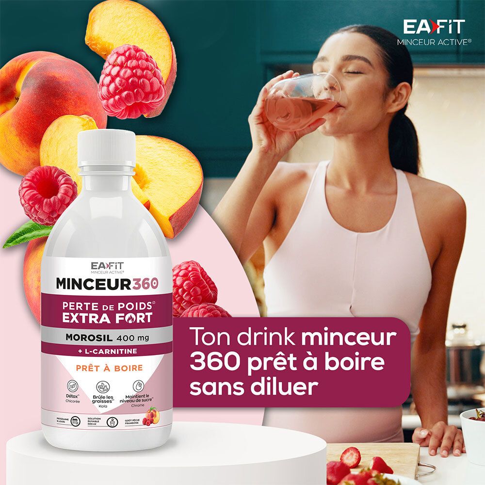Femme boit. Bouteille avec étiquette: MINCEUR360, PERTE DE POIDS EXTRA FORT, MOROSIL 400 mg, L-CARNITINE. Avec des fruits.