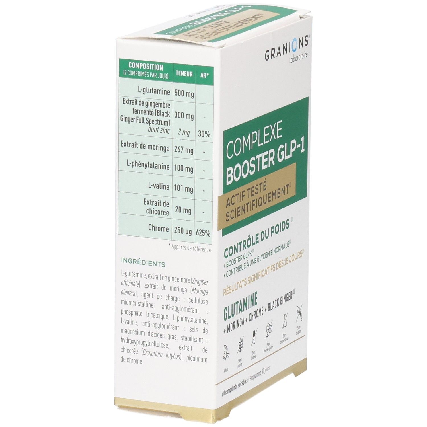 Arrière de la boîte Granions Complexe Booster GLP-1, avec ingrédients et dosage.