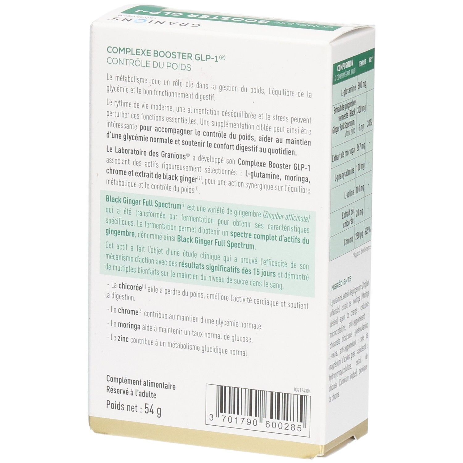 Vue latérale de la boîte Granions Complexe Booster GLP-1, avec conseils d'utilisation.