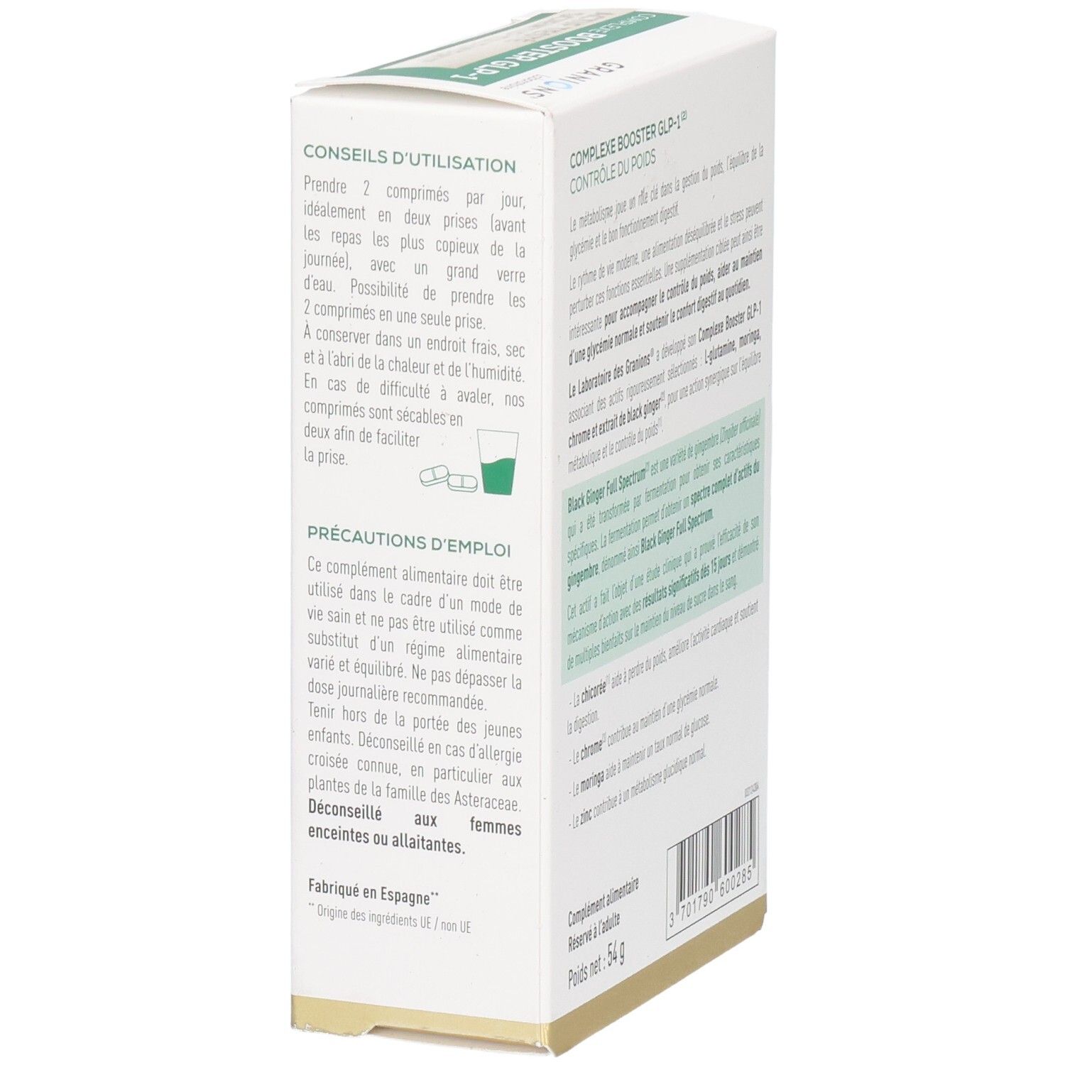 Vue latérale de la boîte Granions Complexe Booster GLP-1, avec conseils et précautions.