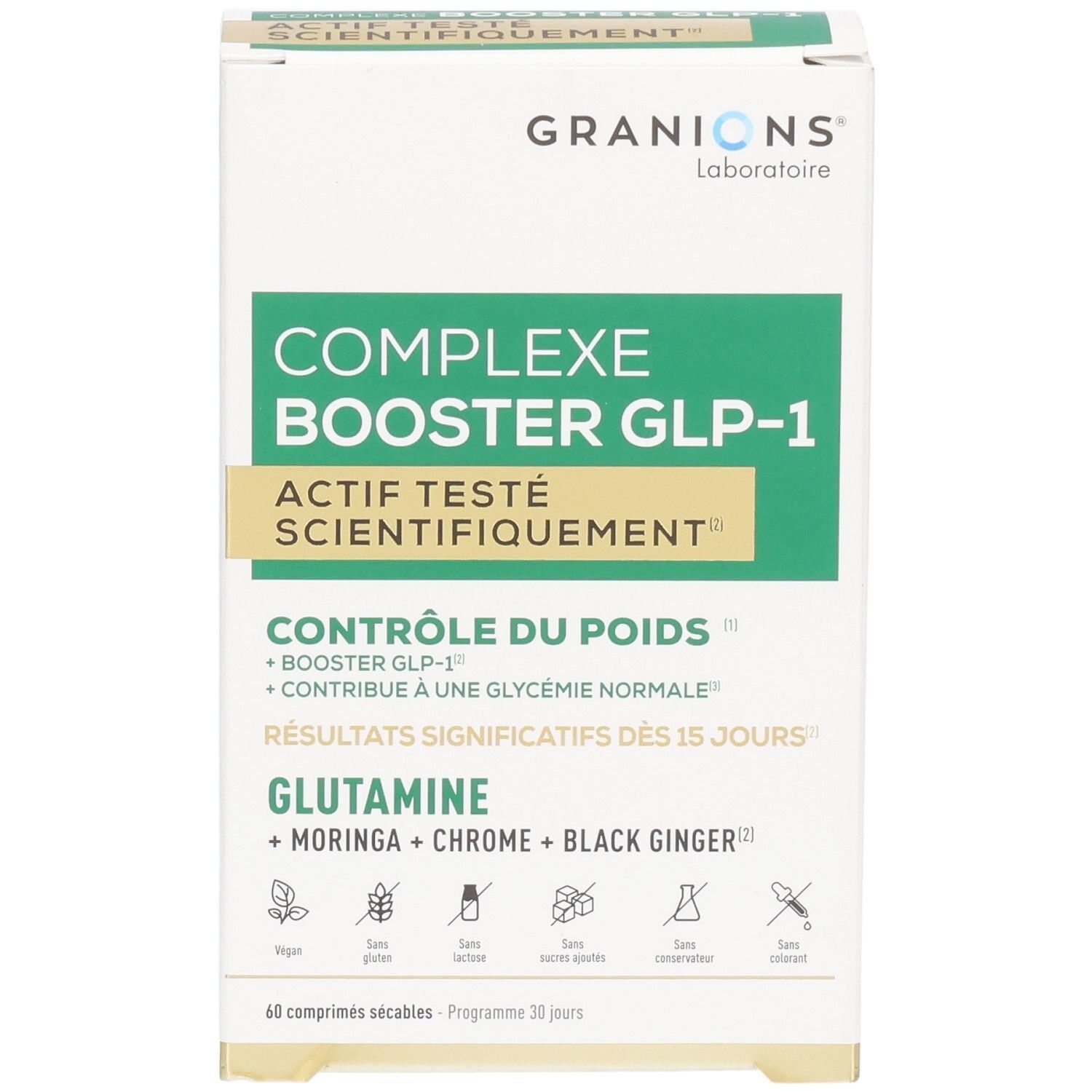 Face avant de la boîte Granions Complexe Booster GLP-1, 60 comprimés, avec mentions scientifiques.
