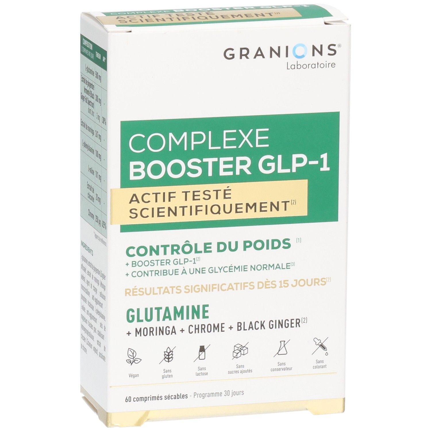 Boîte de Granions Complexe Booster GLP-1, 60 comprimés, mettant en avant les ingrédients.