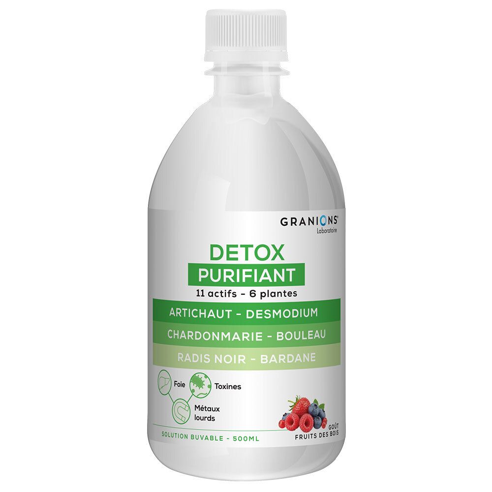 Granions Détox Purifiant solution buvable en flacon blanc avec gobelet doseur. Contient 11 actifs et 6 plantes.