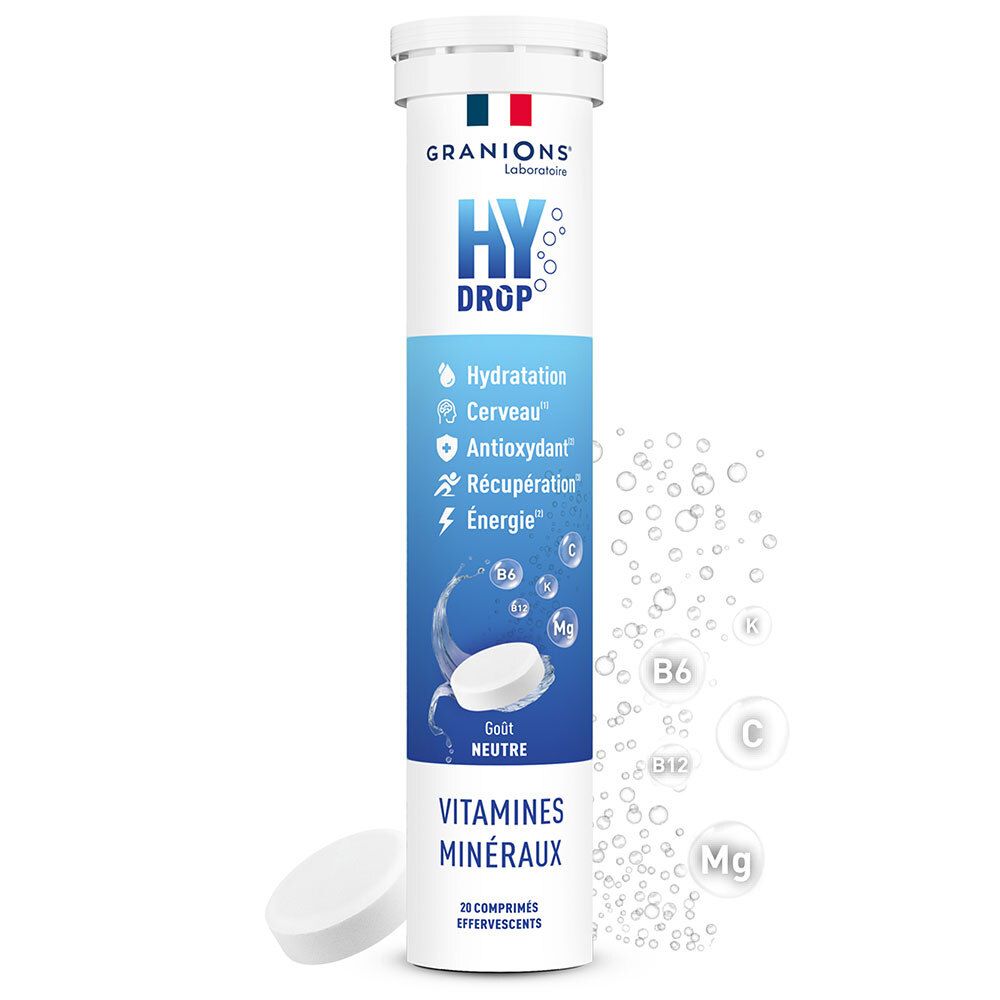 Tube cylindrique avec « HYDROP » et « VITAMINES MINÉRAUX ». Contient des comprimés effervescents. Drapeau français.
