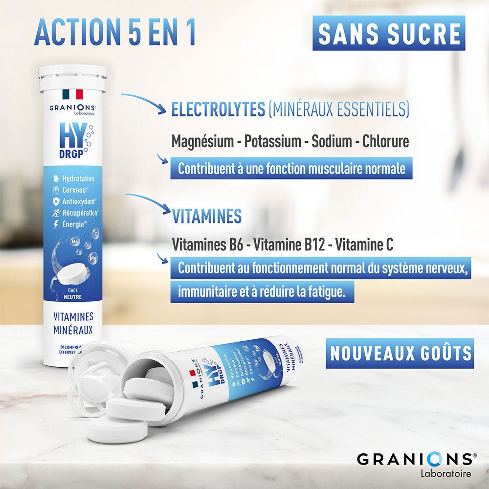 Emballage produit avec texte sur électrolytes, vitamines et ingrédients. Contient des comprimés effervescents. Logo « GRANIONS ».