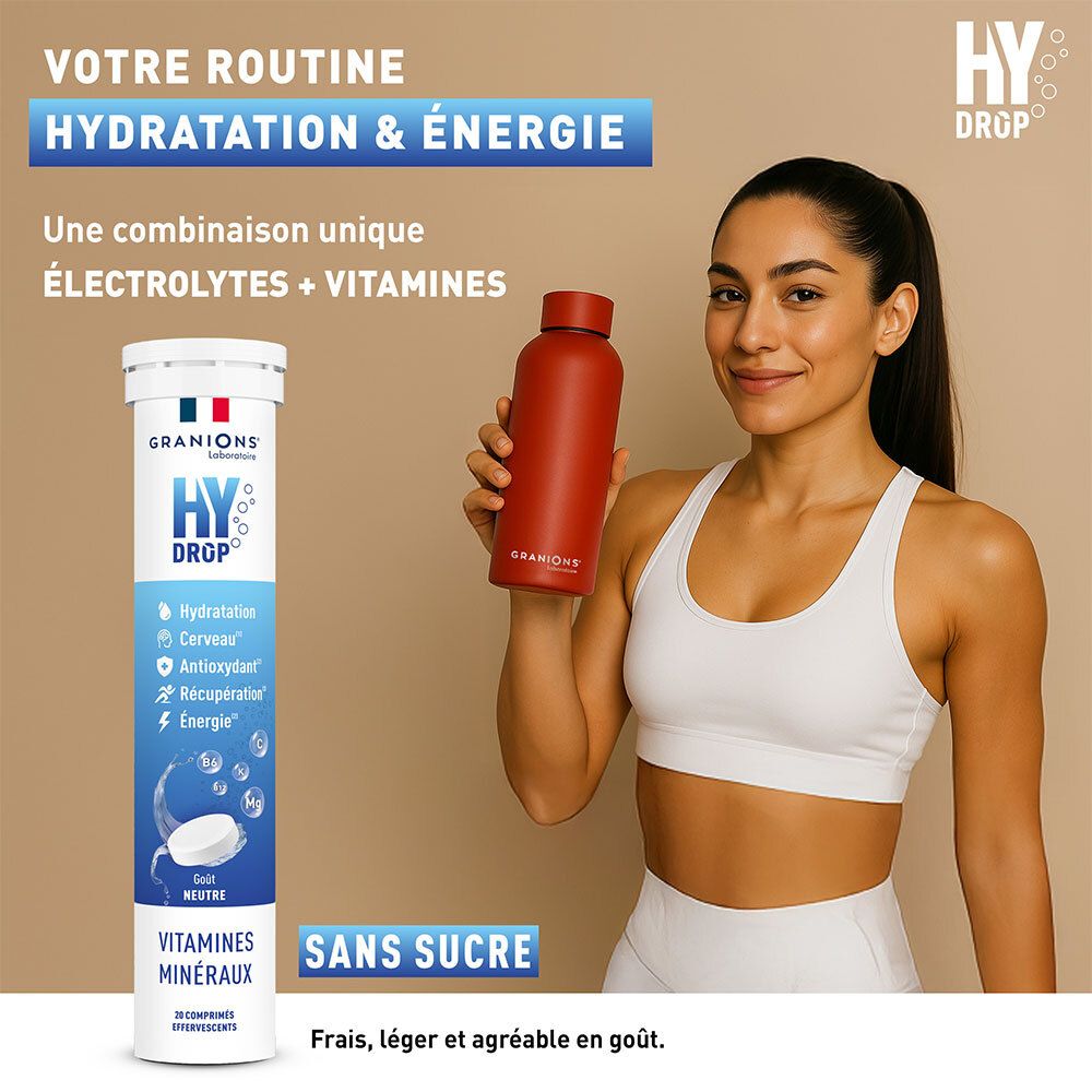 Femme avec bouteille d'eau rouge et emballage produit. « HYDROP » et « VITAMINES MINÉRAUX ». Texte « SANS SUCRE ».