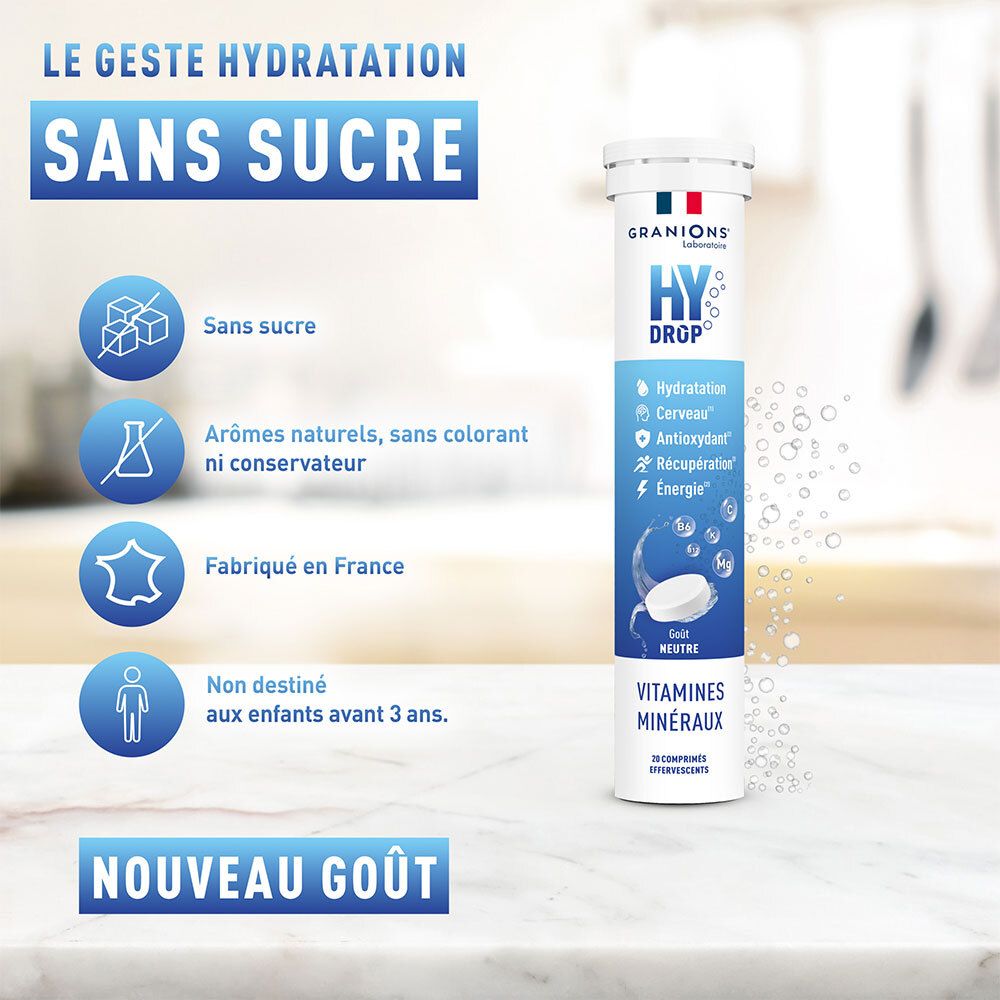 Emballage produit avec « HYDROP » et « VITAMINES MINÉRAUX ». Texte : « SANS SUCRE ». Fabriqué en France.