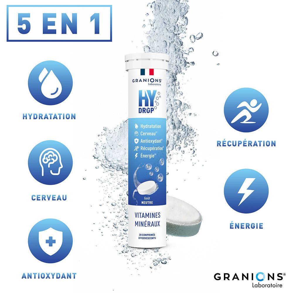 Emballage produit avec « HYDROP » et « VITAMINES MINÉRAUX ». Avantages 5 en 1. Logo « GRANIONS ».