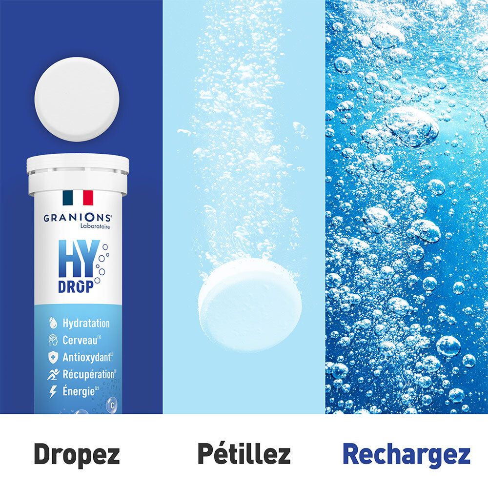 Comprimé effervescent se dissolvant dans l'eau. Emballage produit avec « HYDROP » et « VITAMINES MINÉRAUX ». Texte : « Dropeez, Pétillez, Rechargez ».