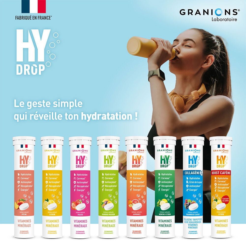 Femme buvant à une bouteille. Rangée d'emballages produits avec « HYDROP » et différentes saveurs. Fabriqué en France.