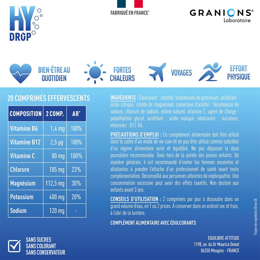Emballage produit avec ingrédients et instructions d'utilisation. Contient des comprimés effervescents. Logo « GRANIONS ».