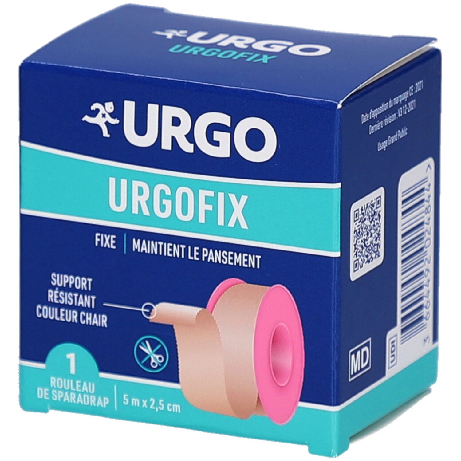 Boîte Urgo Urgofix bleue et blanche avec rouleau. Inscription: Urgo Urgofix, Fixe, Support résistant couleur chair, 1 Rouleau de sparadrap 5 m x 2,5 cm.