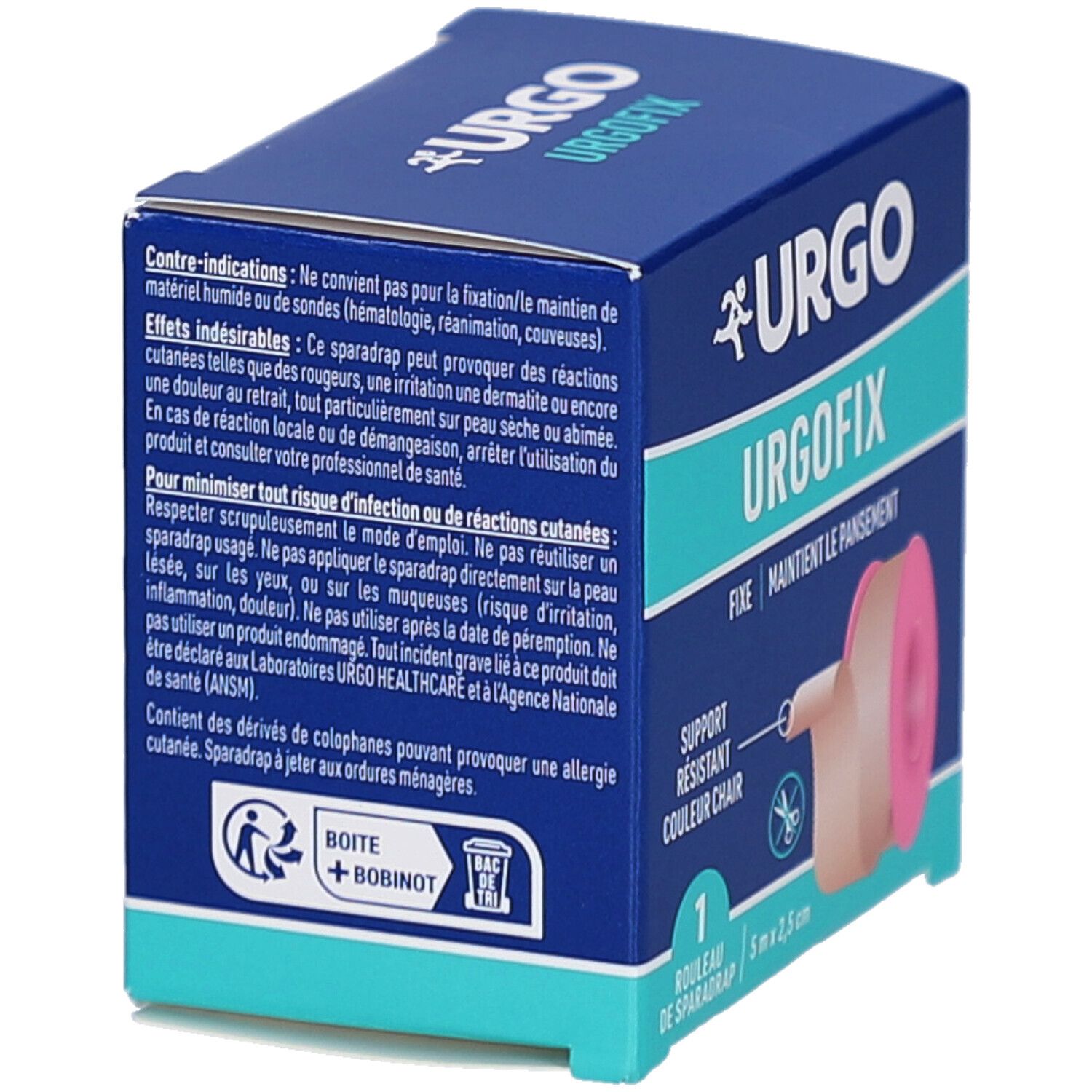 Boîte Urgo Urgofix bleue et blanche avec texte. Inscription: Urgo Urgofix, Fixe, Support résistant couleur chair, 1 Rouleau de sparadrap 5 m x 2,5 cm. Texte sur contre-indications.