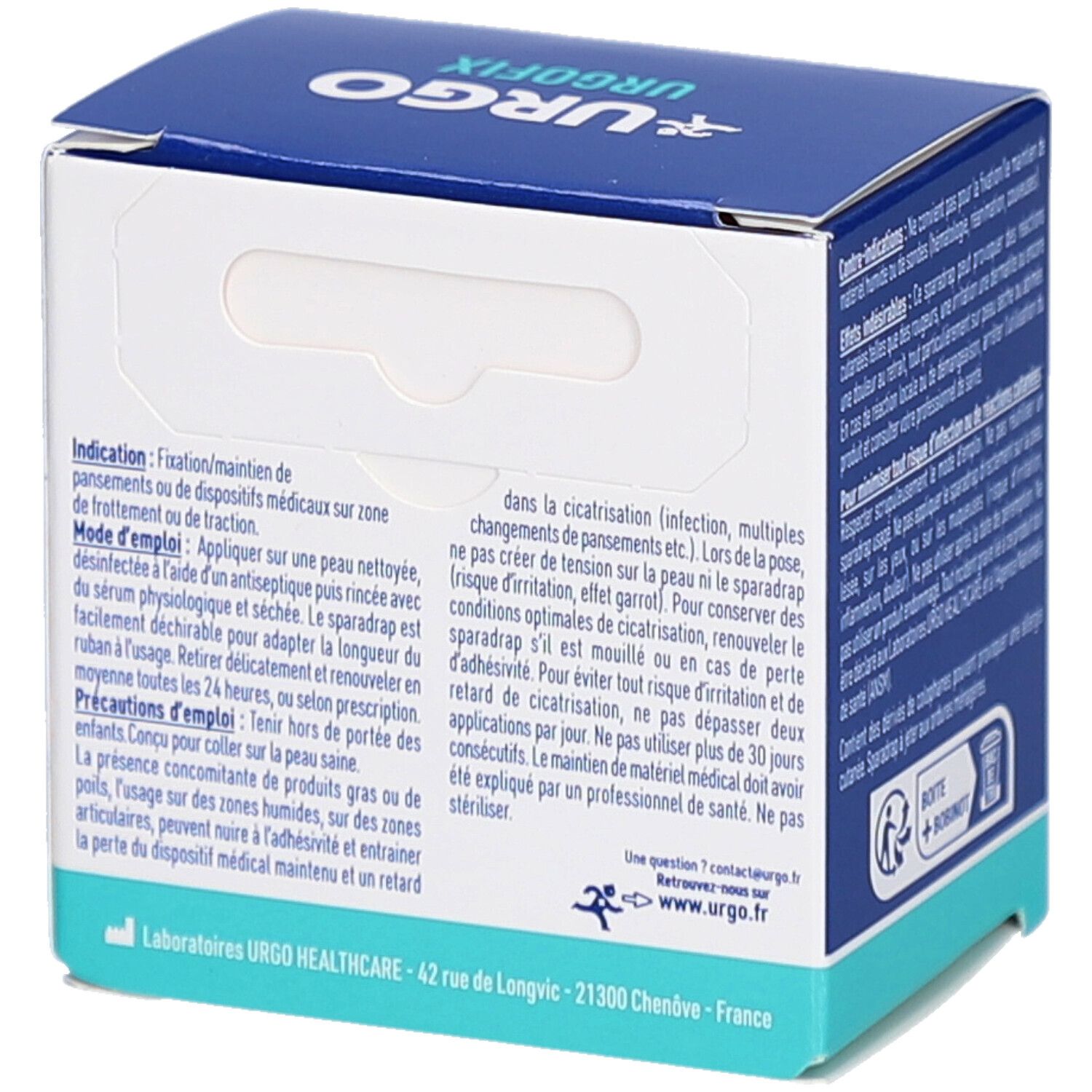 Dos de la boîte Urgo Urgofix. Texte sur l'utilisation et les précautions. Logo Urgo Healthcare.