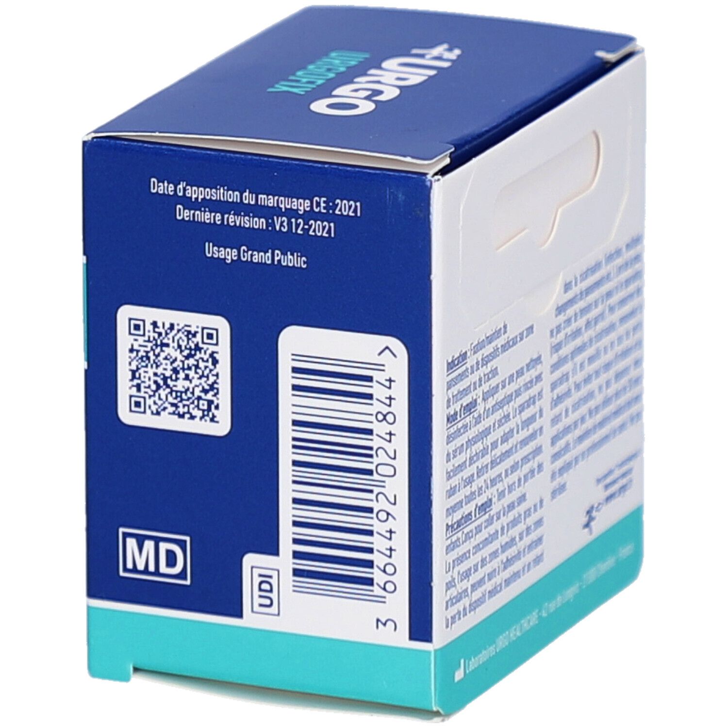 Dos de la boîte Urgo Urgofix avec code-barres et marquage MD. Texte: Date d'apposition du marquage CE: 2021.