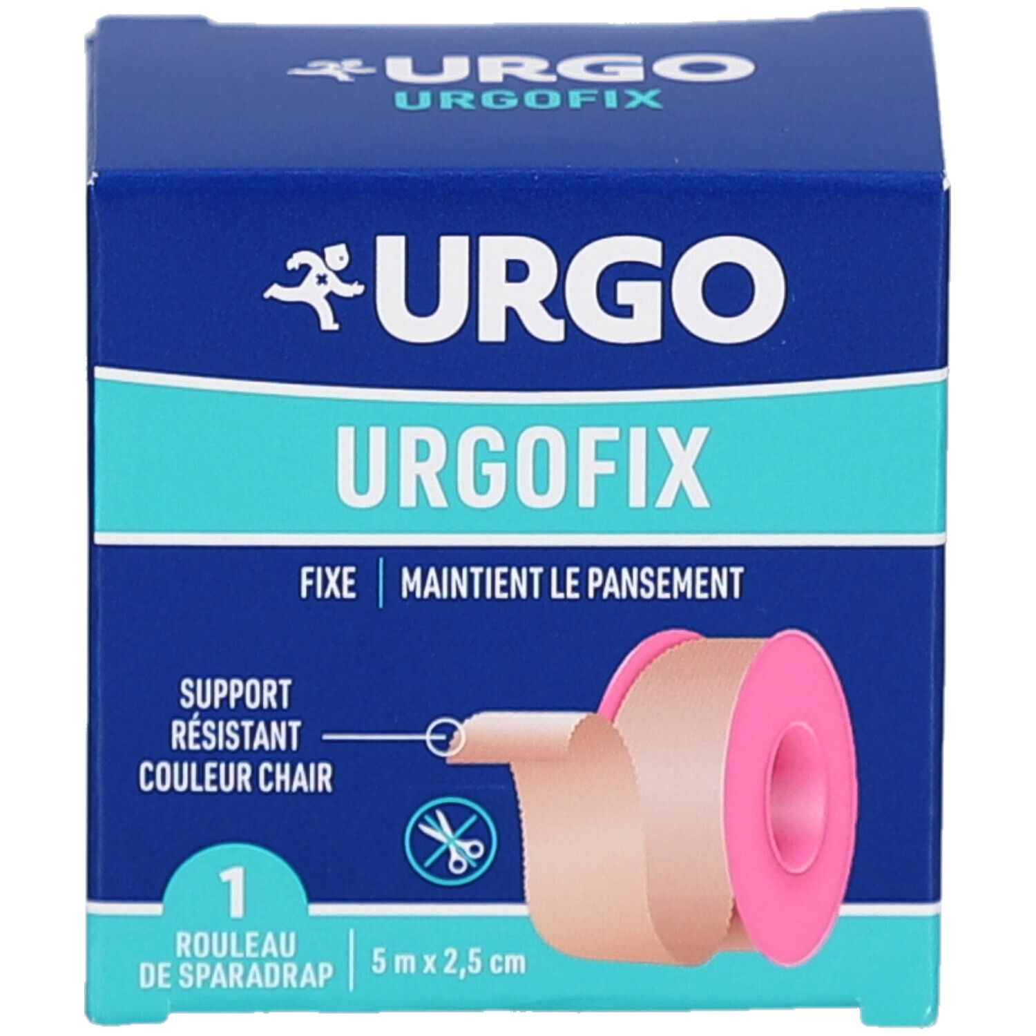 Boîte Urgo Urgofix bleue et turquoise avec rouleau. Inscription: Urgo Urgofix, Fixe, Support résistant couleur chair, 1 Rouleau de sparadrap 5 m x 2,5 cm.