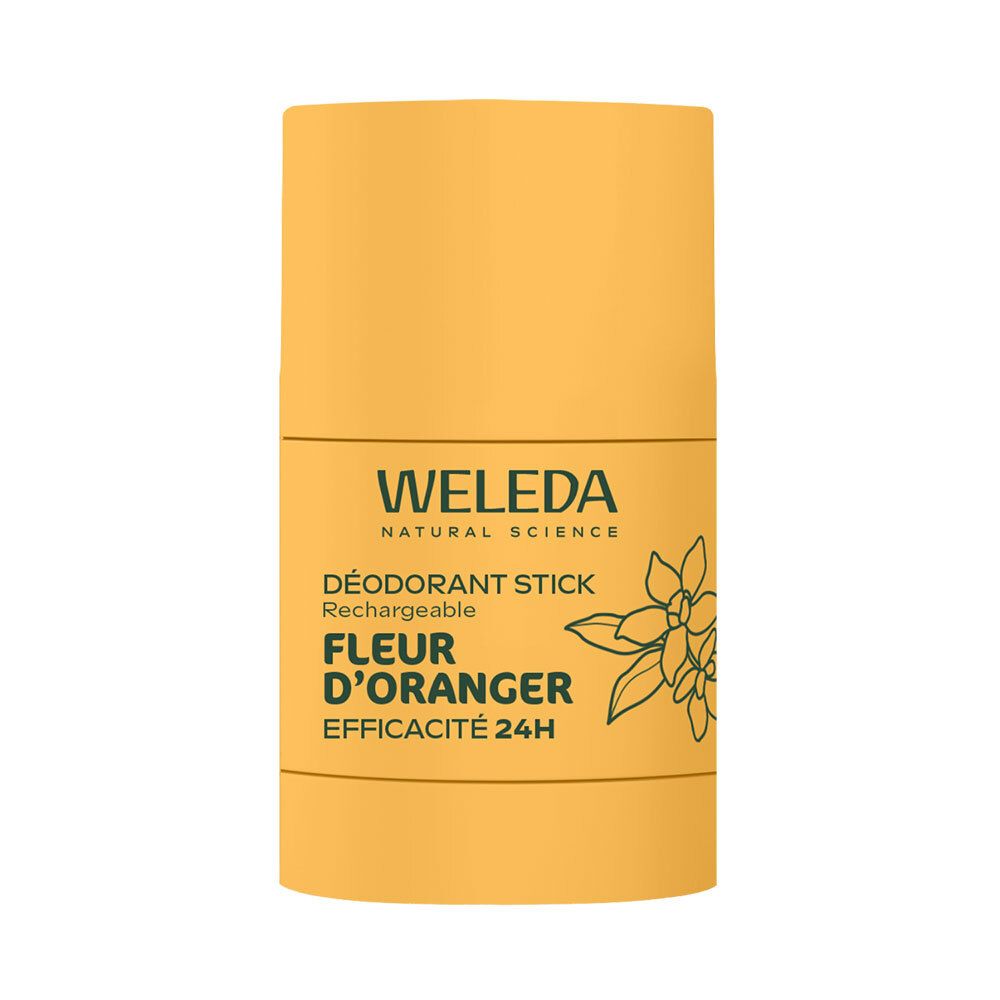 WELEDA Déodorant Stick Fleur d'Oranger, rechargeable. Flacon orange avec dessin de fleur.