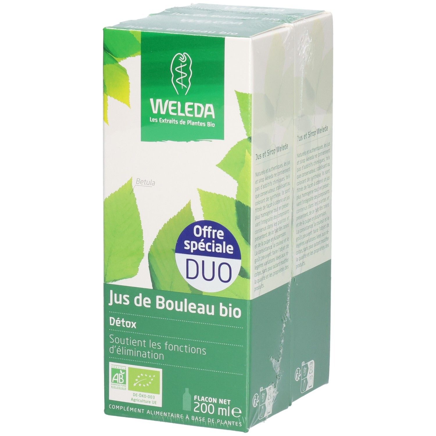 Pack Duo WELEDA. Boîte verte avec nom du produit et feuilles. Label bio. Flacon de 200 ml.