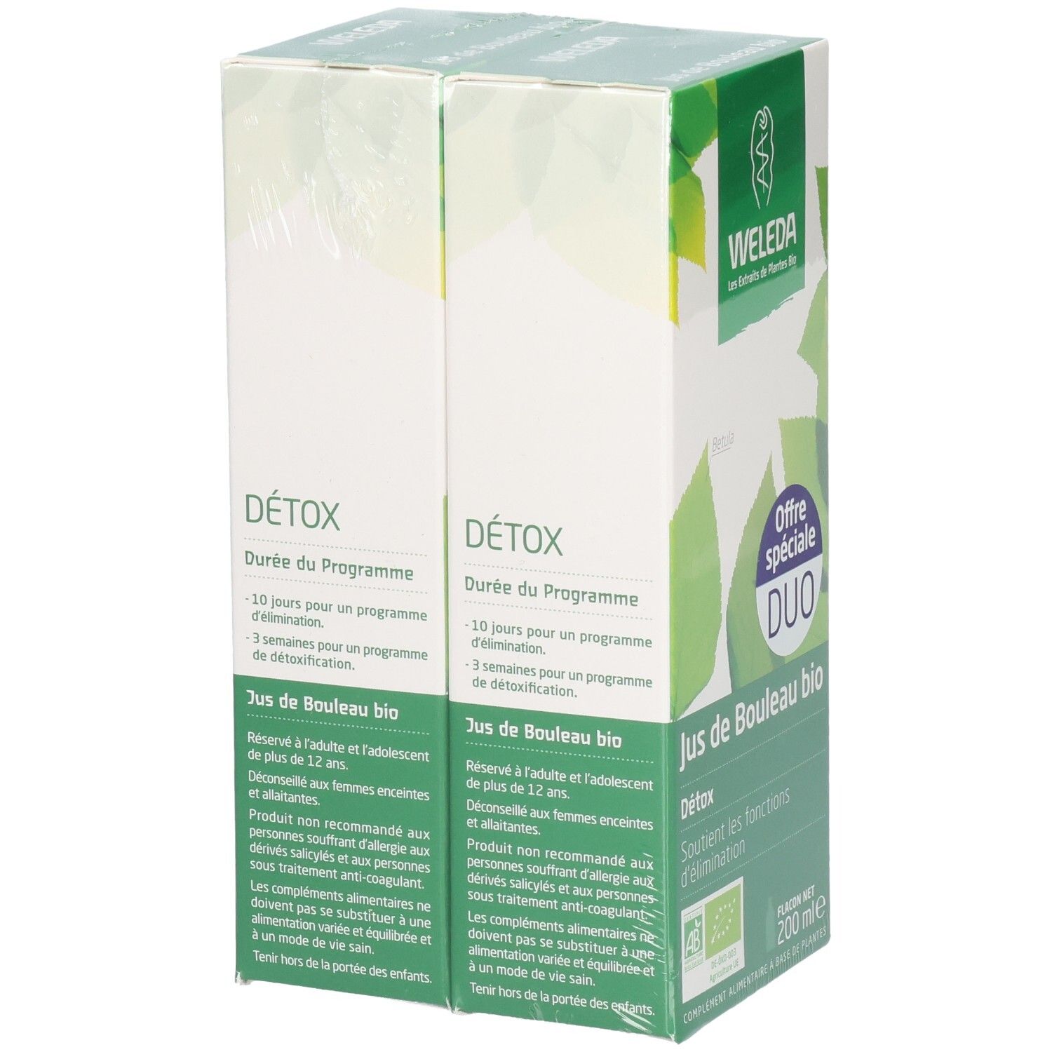 Deux boîtes WELEDA côte à côte. Boîtes vertes avec informations et texte. Pack Duo.